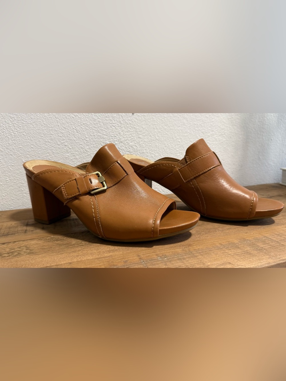 Earthies by Earth Cognac Leather Block Heel Mules 9.5 Retro Boho 70s Inspired